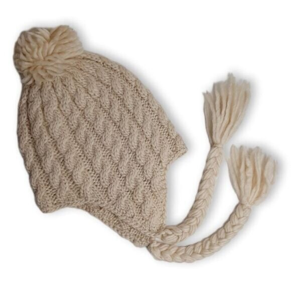 Chunky | Knit Pom-Pom Hat w/ Braided Straps Cream O/S - Picture 1 of 6